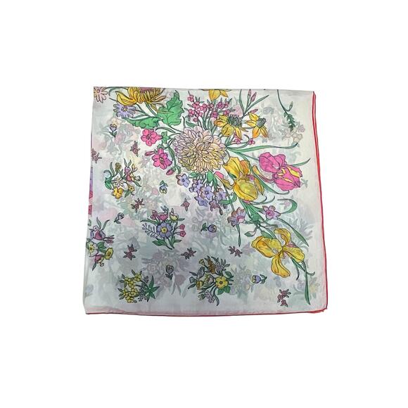 1960s Vibrant Pink & Yellow Blooming Flowers Semi Sheer White Silk Square Scarf - Picture 3 of 7